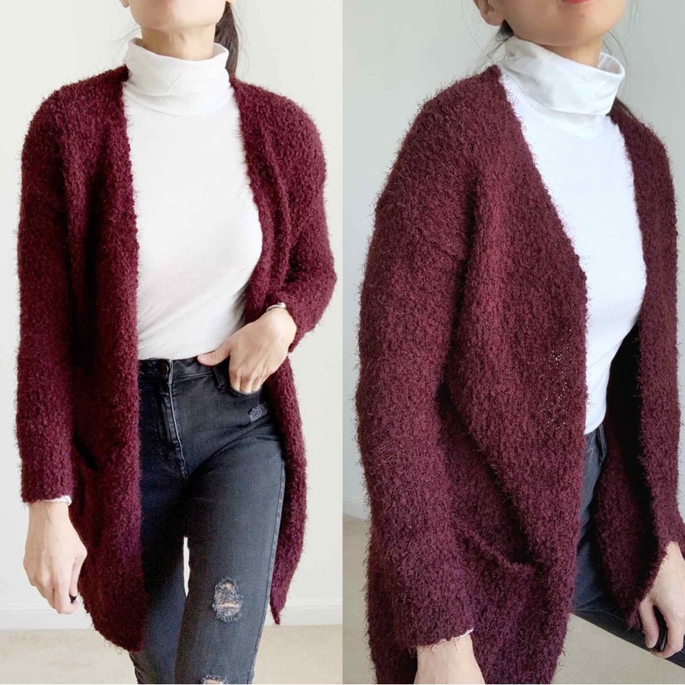 COZY FUZZY KNIT LONG CARDIGAN SWEATER - WINE